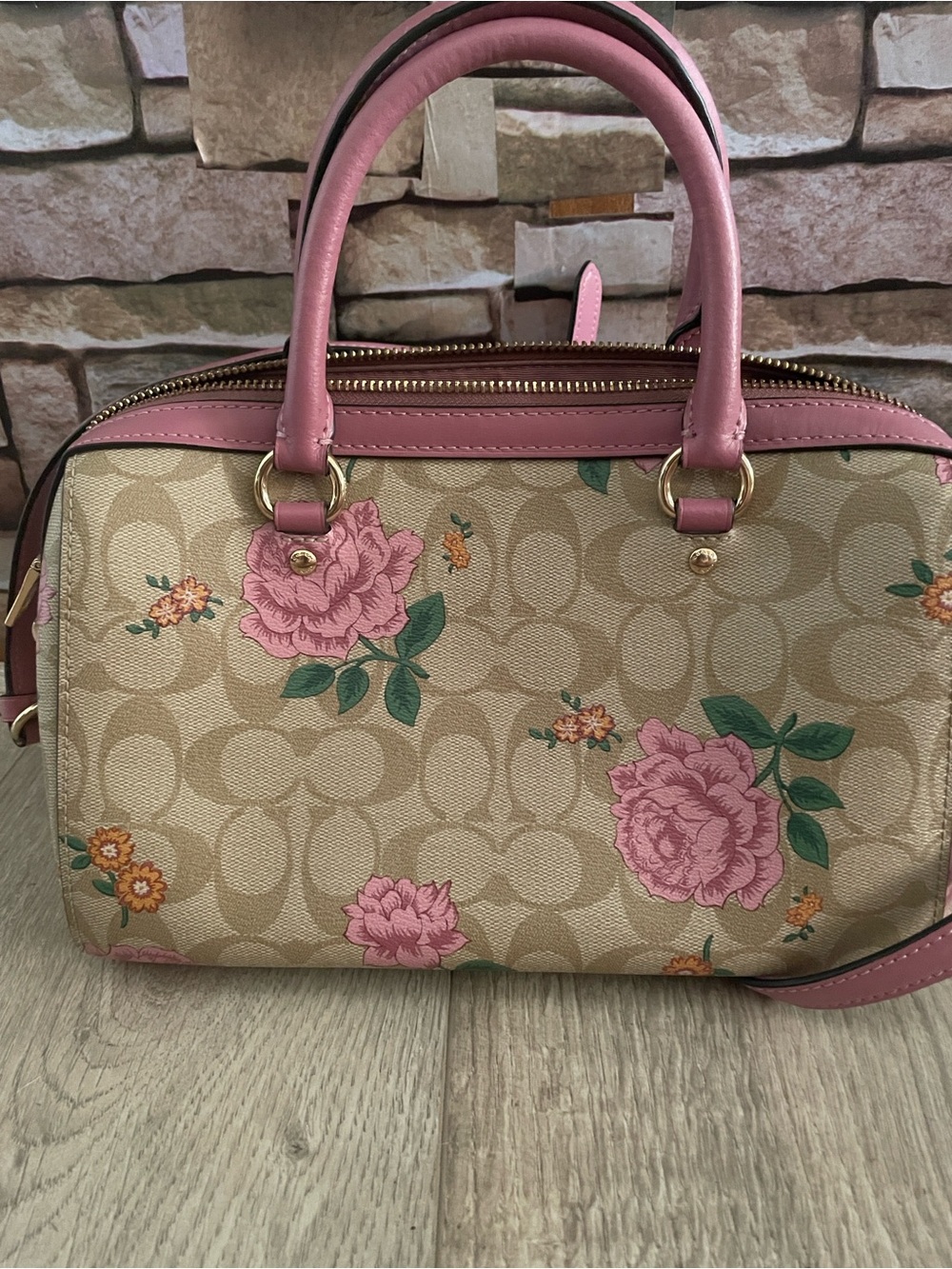 Coach Beige Signature Floral Dome Satchel with Pink Trim - Picture 2 of 13
